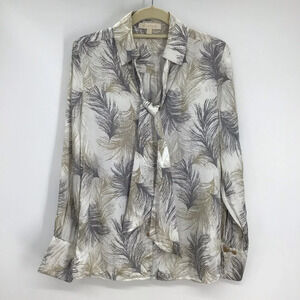 Etcetera Women’s Silk Blend Feather Print Button-Up Blouse Neutral Colors Size 6